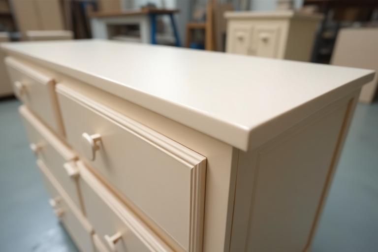 Mueble recién lacado en un taller, listo para ser embalado y entregado.