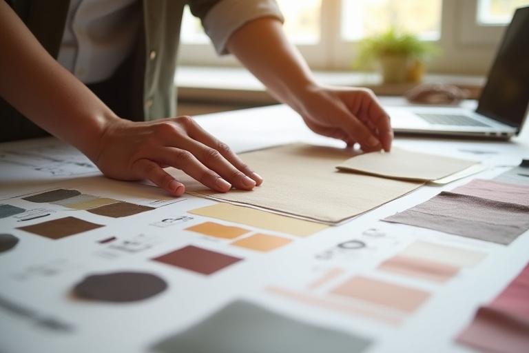 Profesional seleccionando muestras de textiles y colores para un proyecto de interiorismo.